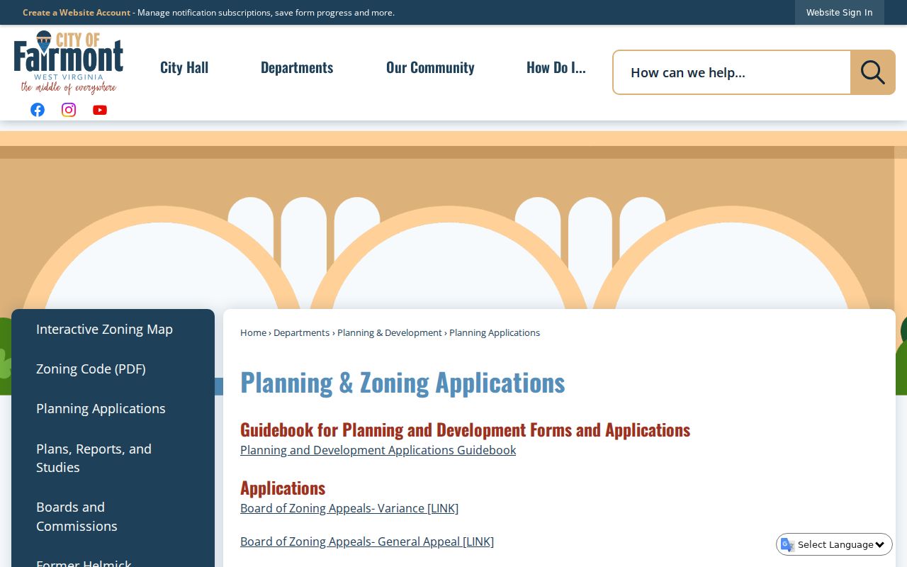 Fairmont city planning applications page showing municipal review form options