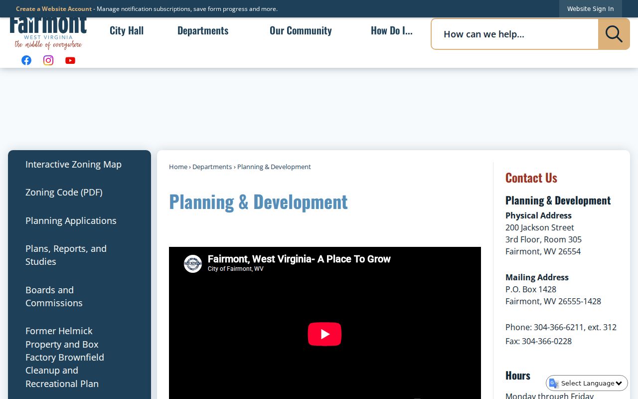 Fairmont Planning and Development city webpage captured for this records guide