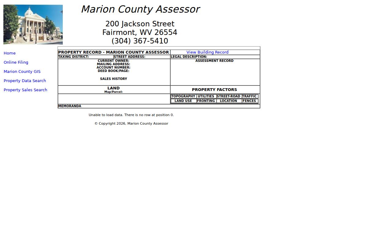 Marion County property owner search card showing current owner, mailing address, parcel, deed, sale history, and assessment