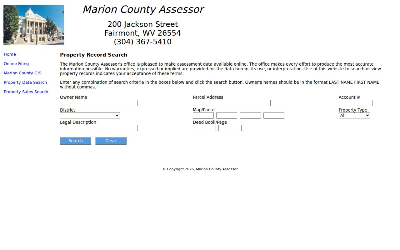 Marion County property records assessor search form with owner, address, account, parcel, legal description, and deed fields