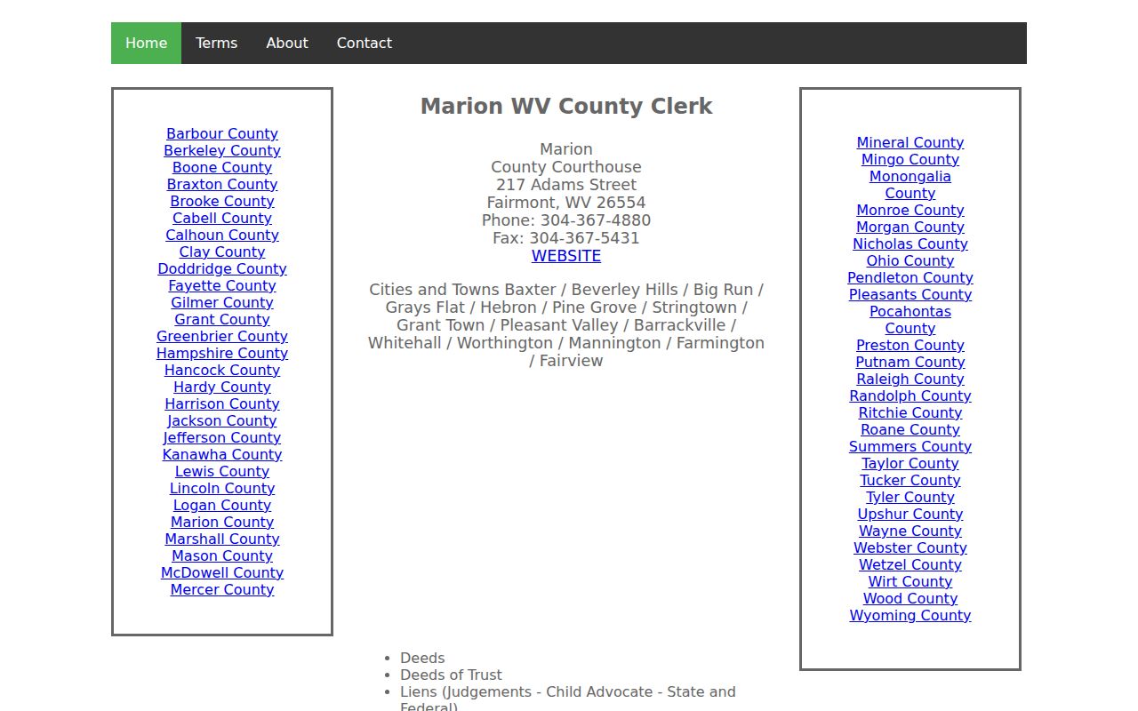 Marion County deed records directory listing deeds, liens, releases, foreclosure reports, plats, and assignments