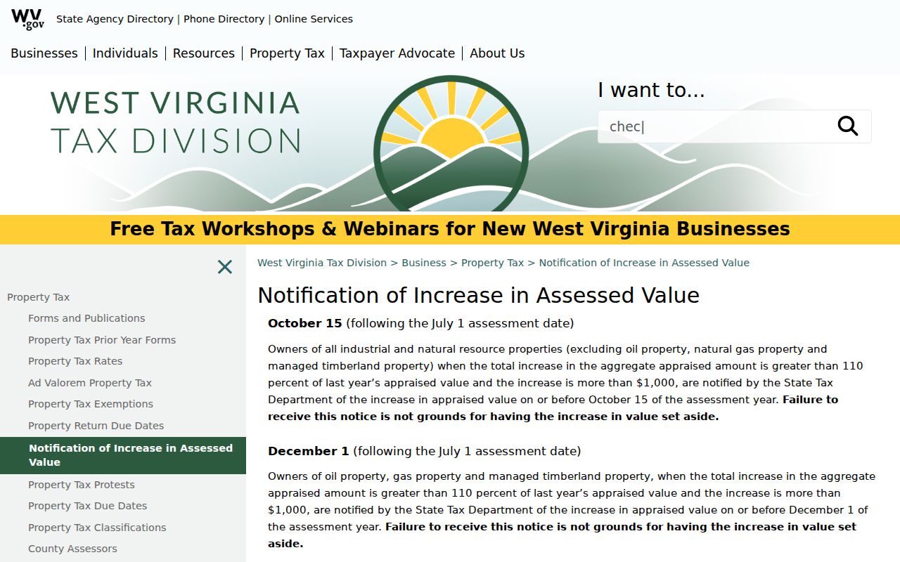 Marion County property tax record notice showing the West Virginia assessment increase notice rule